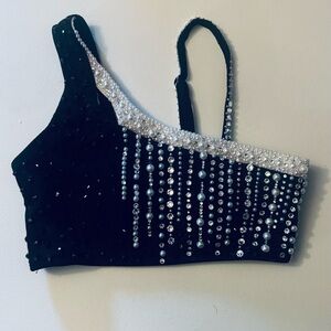 Pearl & Rhinestone One-Shoulder Black Crop Top